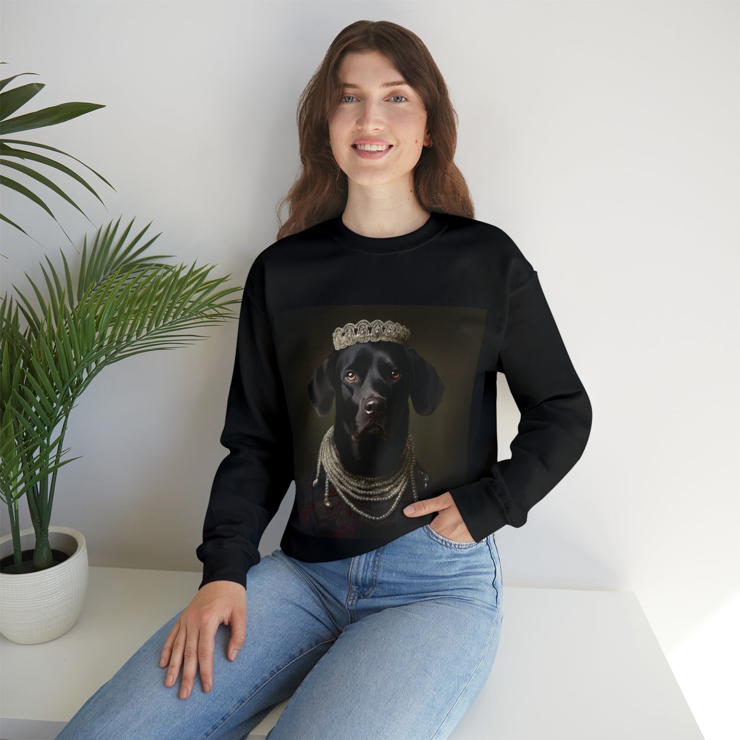 Black Lab - Victorian Era Woman of Nobility - Pet Portrait Unisex Crewneck Sweatshirt