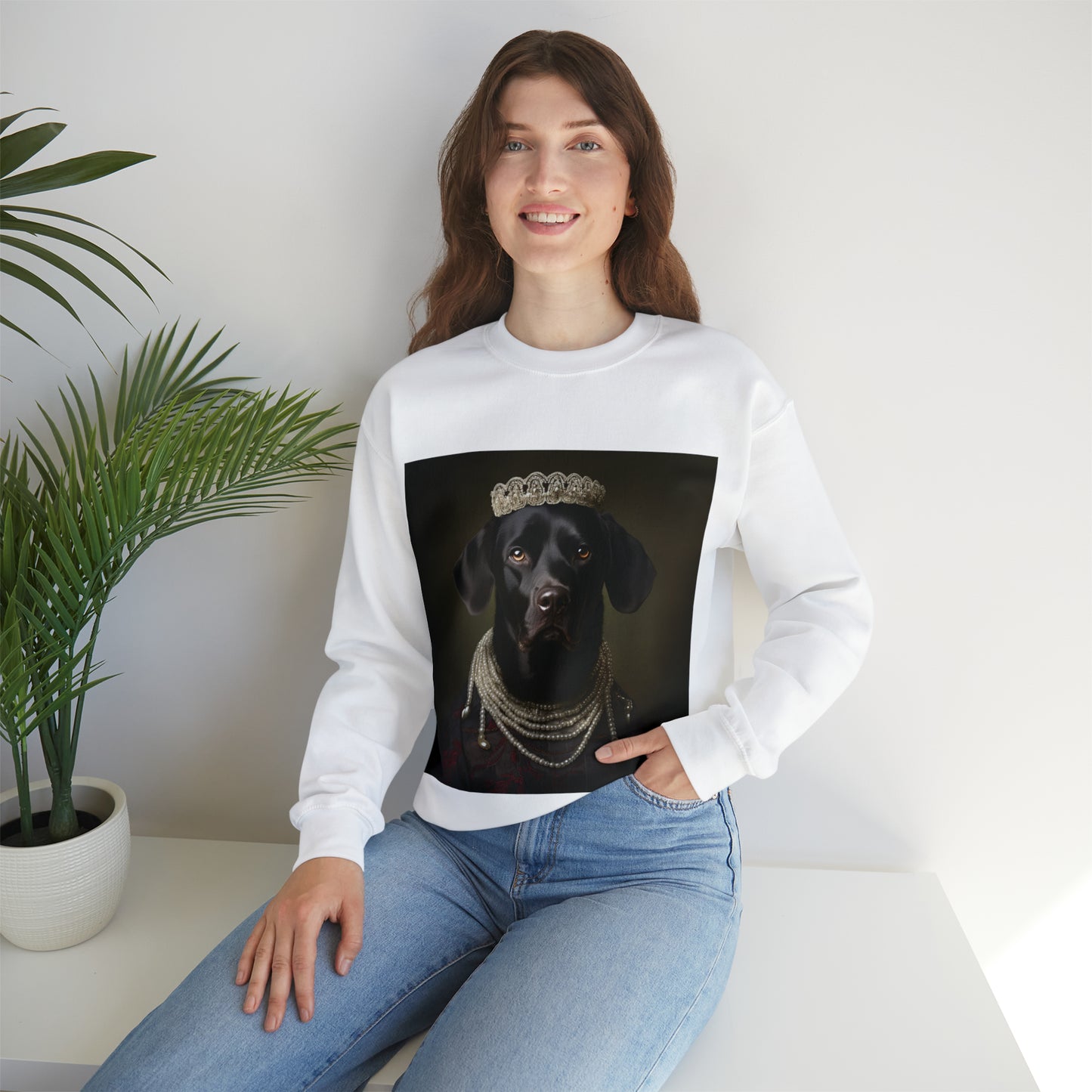 Black Lab - Victorian Era Woman of Nobility - Pet Portrait Unisex Crewneck Sweatshirt