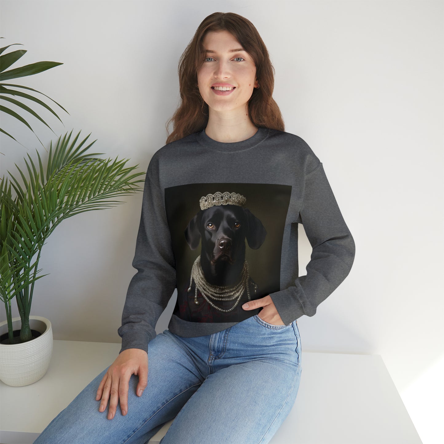 Black Lab - Victorian Era Woman of Nobility - Pet Portrait Unisex Crewneck Sweatshirt
