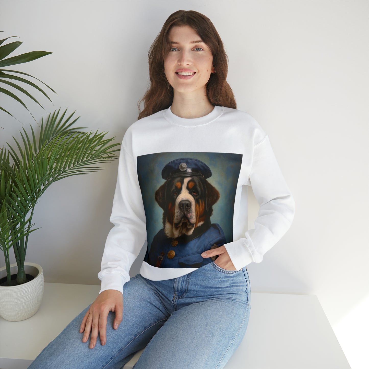 St. Bernard - 20th Century Police Officer - Pet Portrait Unisex Crewneck Sweatshirt