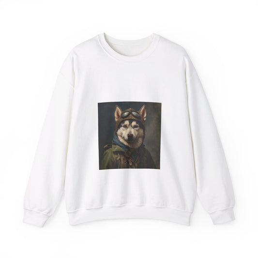 Husky - WWII Pilot - Pet Portrait Unisex Crewneck Sweatshirt