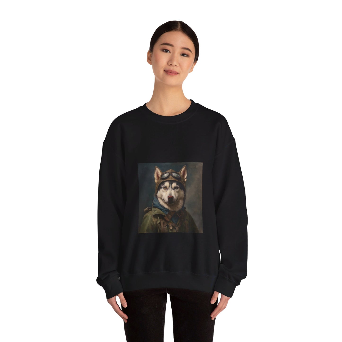 Husky - WWII Pilot - Pet Portrait Unisex Crewneck Sweatshirt