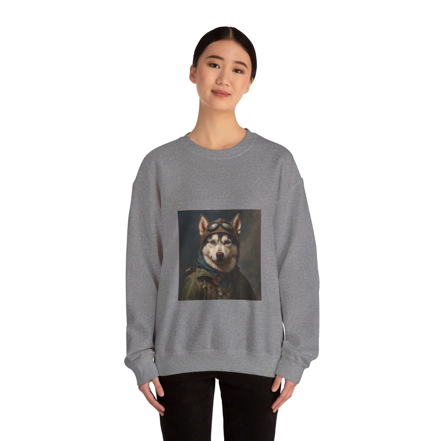 Husky - WWII Pilot - Pet Portrait Unisex Crewneck Sweatshirt